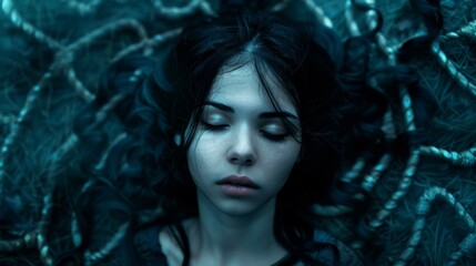 Wall Mural - A woman with dark eyes and long black hair laying on a bed of rope, AI