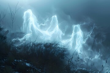 Wall Mural - Ethereal Banshee Entities Floating and Swaying in Blighted,Misty Woodland Landscape