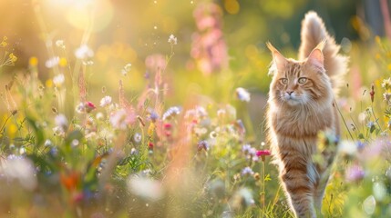 Wall Mural - A ginger cat walks through a meadow of wildflowers on a sunny day. The cat is in focus, and the background is blurred.