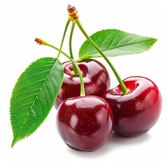 Vibrant Close-Up of Three Fresh Cherries with Leaves on White Background