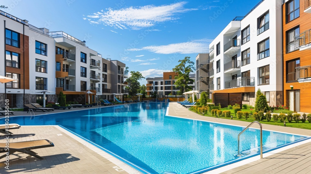 A photo of a modern apartment complex with a swimming pool, fitness ...