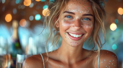 Wall Mural - portrait of an attractive smiling girl with tinsel confetti in her hands a bottle of champagne and glasses of champagne.stock image