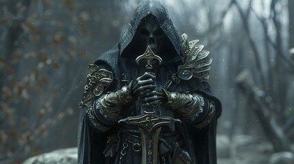 Poster - Hooded Necromancer Wielding Runic Sword in Enchanted Woodland,Moody Fantasy Cinematic 3D Render