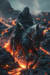 Canvas Print - Hooded Skeletal Figure of Death on Fiery Lava Horse in Desolate Post-Apocalyptic Landscape