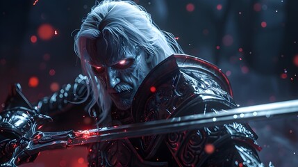 Canvas Print - Imposing White-Maned Vampire Warlord Gripping Deadly Glaive in Dominating Pose with Glowing Red Eyes