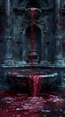 Poster - Majestic Marble Fountain with Overflowing Scarlet Wine,Radiating Haunting Beauty and Macabre Essence in Moody Atmospheric Setting