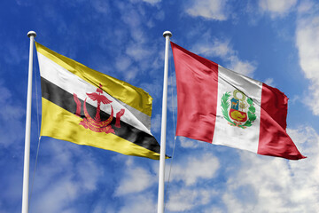 3d illustration. Brunei and Peru Flag waving in sky. High detailed waving flag. 3D render. Waving in sky. Flags fluttered in the cloudy sky.