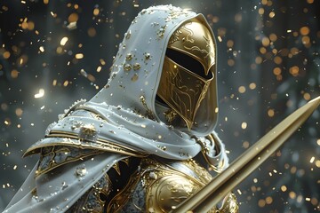 Wall Mural - Powerful Celestial Warrior Woman in Regal Golden Armor Wielding Rapier Surrounded by Celestial Splendor in Cinematic Dark Fantasy Digital Artwork