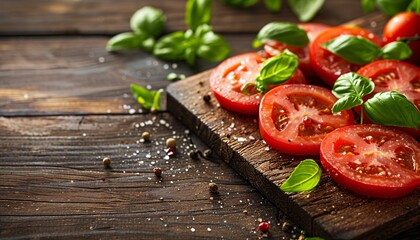 Wall Mural - Fresh Sliced Tomatoes with Basil on Rustic Wooden Cutting Board, Perfect for Healthy Cooking and Organic Food Concepts