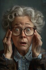 Poster - Startled Elderly Woman Briefly Removing Glasses Against Muted Backdrop with Painterly Photographic Aesthetic