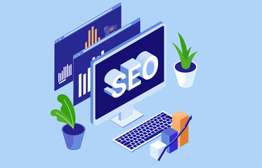 Fototapete - SEO concept illustration - Search engine optimisation work and statistics on desktop PC computer screen with word graphs and charts. Isometric flat design vector with blue background