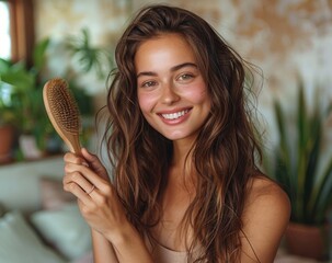 Wall Mural - young beautiful woman smiling confident holding brush standing at home