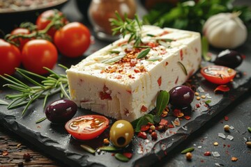 delicious cheese with rosemary and spices on table