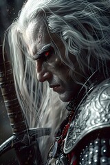 Poster - White-Haired Vampire in Battle Armour Wielding Glaive with Piercing Red Eyes and Ominous Dark Aura