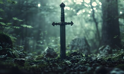 Wall Mural - viking sword in the ground in the green woods, Generative AI