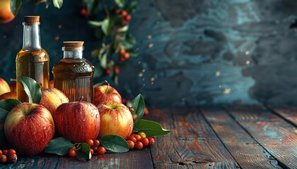 Wall Mural - Fresh Apples and Bottles of Apple Cider on Rustic Wooden Table with Dark Background and Autumn Leaves