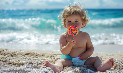 Wall Mural - Adorable Child with Lollipop Enjoying Beach and Sea