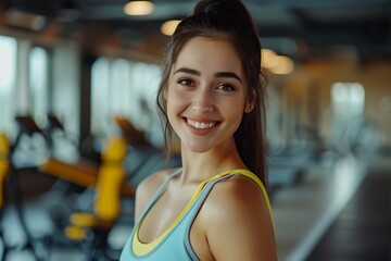 Wall Mural - smiling athletic young woman on gym background