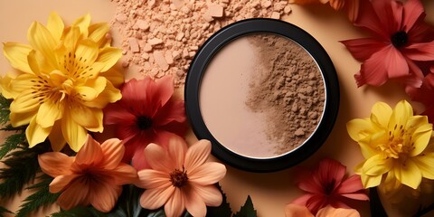 Wall Mural - Top view of natural cosmetic products on color background with copy space. Concept Natural Cosmetics, Top View, Color Background, Copy Space, Product Photography