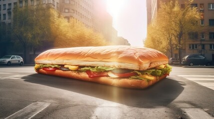 Wall Mural - Giant fresh sandwich with ham, cheese, tomatoes on street of city in rays of sun. AI generated.