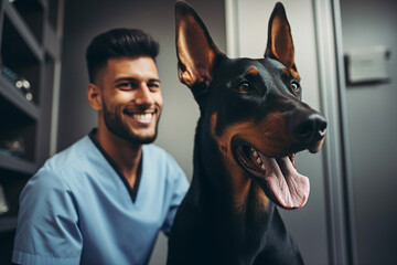 Photo of male veterinarian is examining a dog in animal hospital clinic made with generative AI