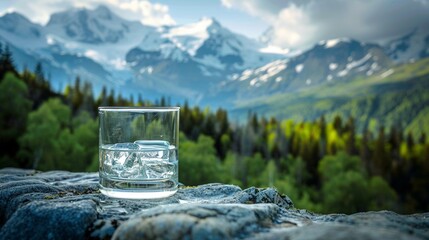 Wall Mural - Glass of water on the stone. Blurred snow mountains tops and green forests at the background.