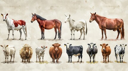 a set of safari animals in watercolor style with horses goats geese donkeys and cows.image illustration