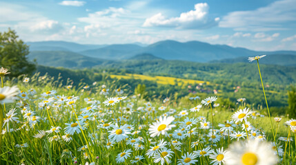 Beautiful spring and summer natural landscape with blooming field of daisies in the grass in the hilly countryside