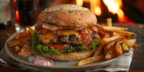 Wall Mural - Tempting burger and fries on a plate by a cozy fire. Concept Food Photography, Comfort Food, Cozy Setting, Burger and Fries, Appetizing Composition