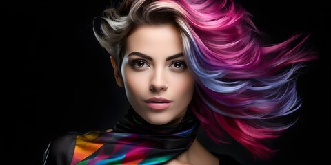 Wall Mural - Woman with wavy haircut and colorful hair black background. Concept Wavy Hair, Colorful Hair, Black Background, Woman Portrait