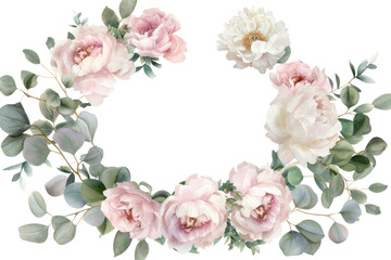 Elegant floral wreath with pink and white roses, perfect for wedding invitations, greeting cards, or decorative design projects.