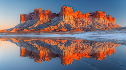 Wall Mural - detailed ridges of badlands reflect perfectly in still water creating a symmetrical visual illusion of this rugged landscape.stock photo