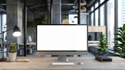 Poster - A computer monitor sits on a desk in a room with a potted plant and a lamp