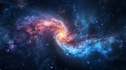 Wall Mural - A spiral galaxy with a bright yellow star in the center. The galaxy is filled with stars and clouds of gas