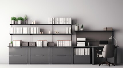 Minimalist gray office interior with smart storage solutions and a calm ambiance,