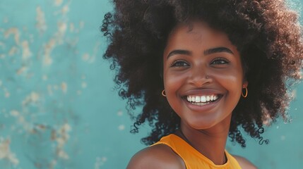Wall Mural - beautiful young african american woman with curly afro hair smiling portrait photography