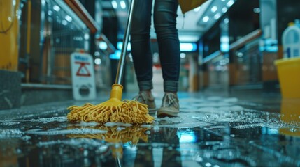 Wall Mural - A person using a yellow mop to clean the floor, possibly in a domestic or commercial setting