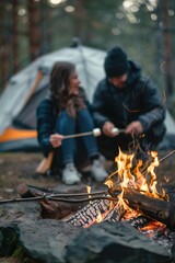 Sticker - A couple enjoying quality time together, roasting marshmallows by the warm glow of a campfire