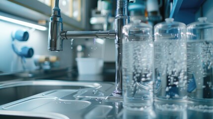 Poster - A close-up shot of a kitchen sink filled to the brim with water, suitable for use in interior design or still life photography