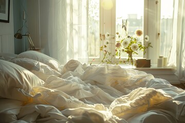 Sticker - A beautifully sunlit bedroom features a bed with white bedding and pillows, artistically messed up after a good night's sleep.