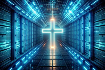 Digital glowing cross symbol in a futuristic tunnel , spirituality, technology, futuristic, neon, illuminated, abstract, modern