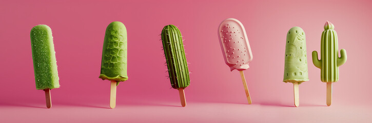 Wall Mural - Ice creams on a stick in the shape of a cactus lined up next to each other. The colors are green and pink.  Creative minimal summer idea. Flat lay, top view, copy space