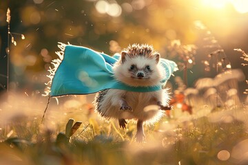 Wall Mural - A charming hedgehog, donning a turquoise superhero cloak and mask, leaps and glides against a sunny meadow background.
