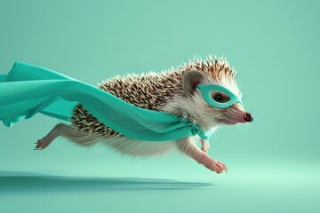 Wall Mural - A charming hedgehog, donning a turquoise superhero cloak and mask, leaps and glides against a pastel lime green background.