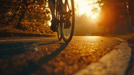 Canvas Print - A person rides a bicycle down a busy street during the golden hour, with buildings and people in the background