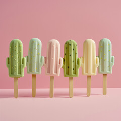 Wall Mural - Ice creams on a stick in the shape of a cactus lined up next to each other. The colors are green and pink.  Creative minimal summer idea. Flat lay, top view, copy space