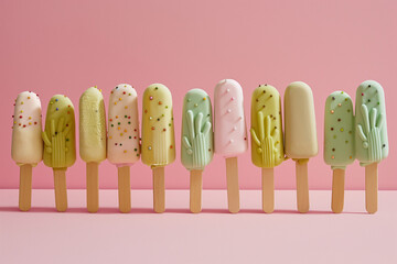 Wall Mural - Ice creams on a stick in the shape of a cactus lined up next to each other. The colors are green and pink.  Creative minimal summer idea. Flat lay, top view, copy space