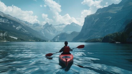 Wall Mural - A person in a red kayak paddles on a calm lake, surrounded by nature