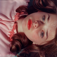 color photo close up of a young woman's face in 1966 laying on her back, hair fanned out around her head, lips slightly parted, looking at the camera