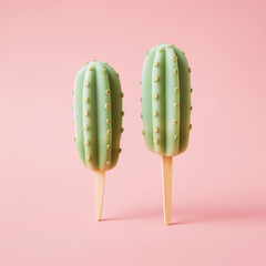 Wall Mural - Two Ice cream on a stick in the shape of a cactus. The colors are green and pink.  Creative minimal summer idea. Flat lay, top view, copy space